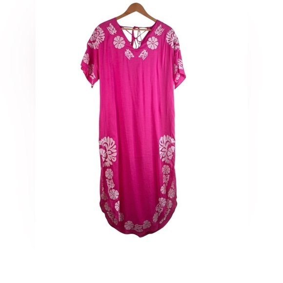 NWT J.Marie Luna Embroidered Maxi Kaftan Dress Pink White Size Medium - Picture 2 of 9